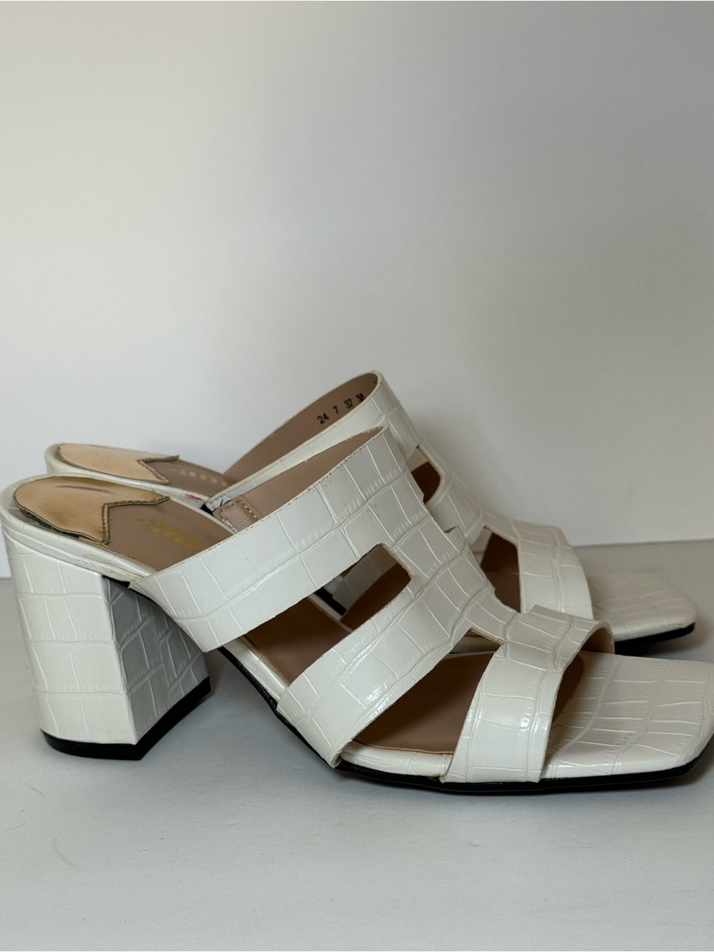 White Croc-Embossed Block Heel Mules